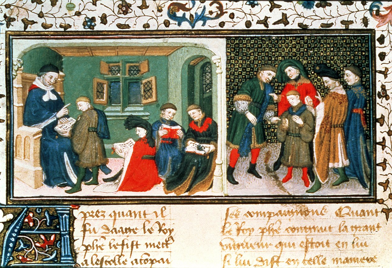 Roy 17 E III f.209r 主人和学生，选自 Bartholomaeus Anglicus 的《Des Proprietez des Choses》（牛皮纸） 作者 未知艺术家