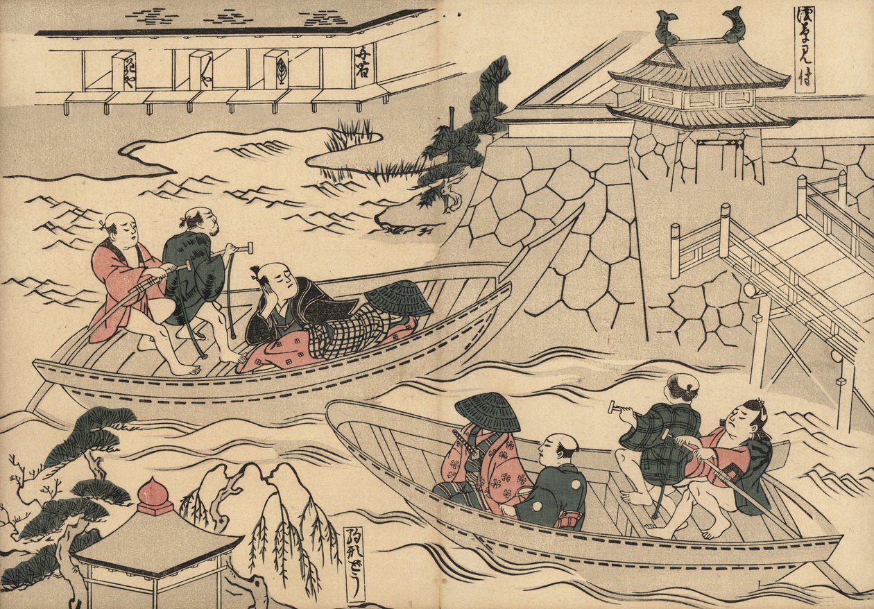 武士乘船渡河（赤坂三助），前往吉原游乐区。奥村正信（1686-1764 年）的木版画，出自东京的 Fuzoku Emakimono《水上贸易图卷》，约 1880 年再版。 作者 未知艺术家