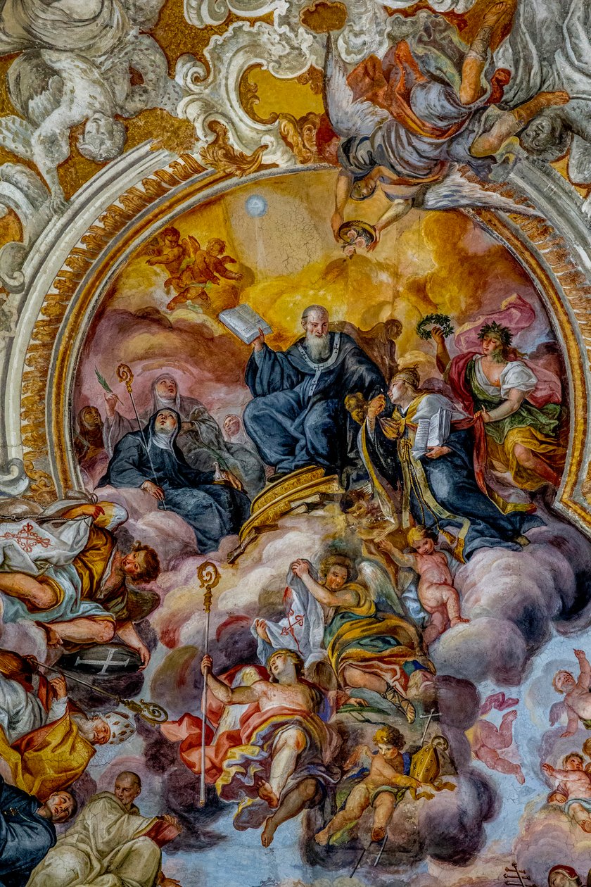 意大利西西里岛卡塔尼亚的圣本尼迪克特（San Benedetto）教堂。天花板壁画细节（18世纪）。圣本尼迪克特。(照片) 作者 不明