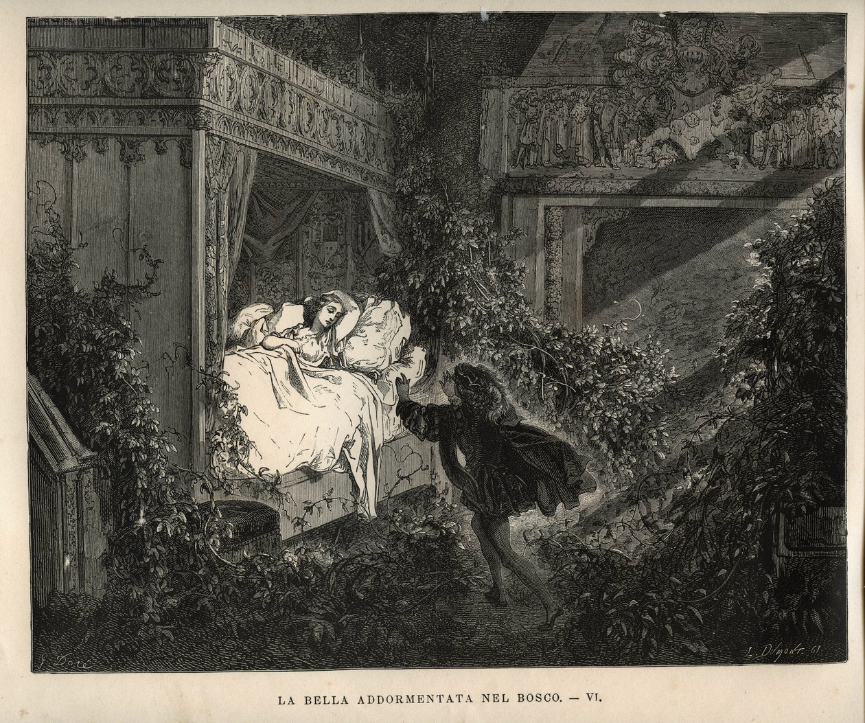 睡美人：王子发现了沉睡百年的公主。古斯塔夫-多尔（Gustave Dore，1832-1883）的版画，出自查尔斯-佩罗（Charles Perrault，1628-1703）的 "Les contes"。 作者 不明