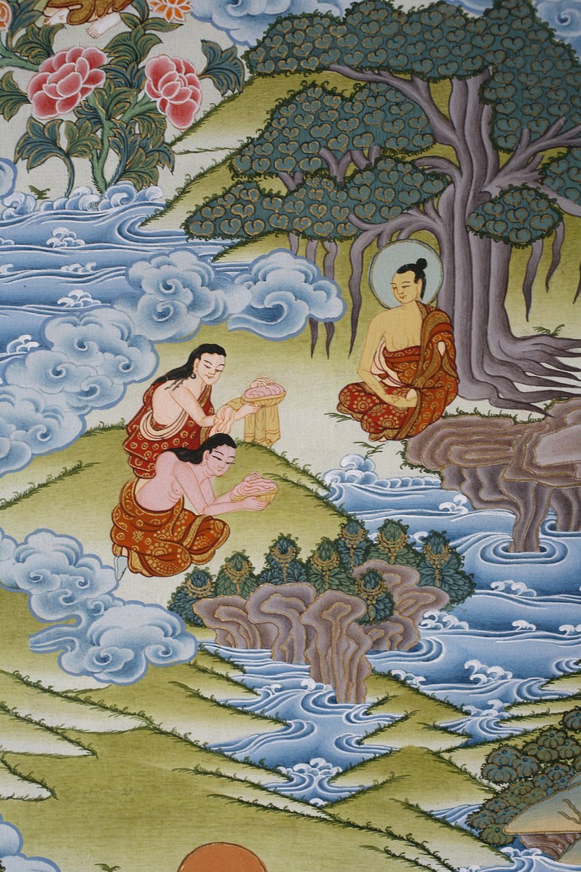 Sujata给佛祖的奶米。唐卡，巴克塔普尔，尼泊尔 作者 不明