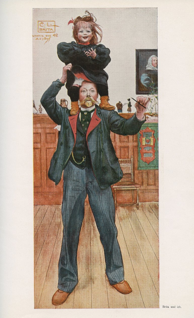 瑞典插画家 Carl Larsson (1853-1919) 和他的女儿 Brita。 1921 年的“Das haus in der Sonne”水彩画 作者 不明