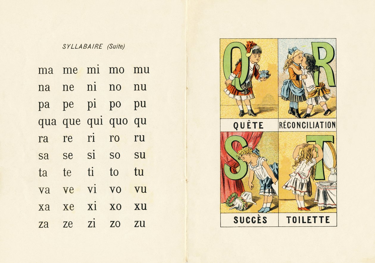 音节和 Q R S T - 从 ABCD des petits filles 中提取的雕刻。 Pellerin & Cie，印刷出版商，Epinal，约 1890 年。意甲。尺寸：19 x 13.5 厘米。 作者 不明