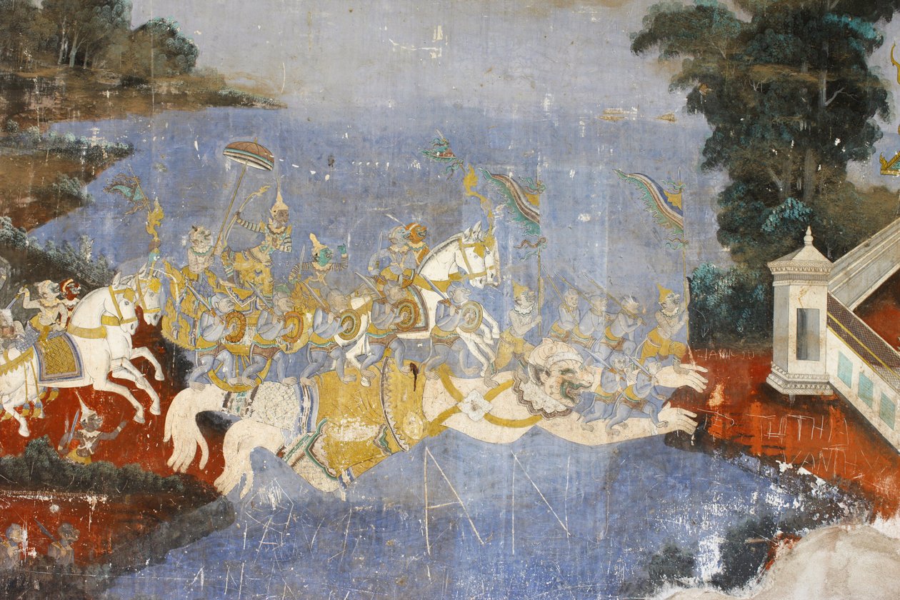 西尔弗塔 这幅壁画描绘了《罗摩克》的场景，《罗摩克》是印度教经典诗歌《罗摩衍那》的柬埔寨版本，柬埔寨金边。 作者 不明