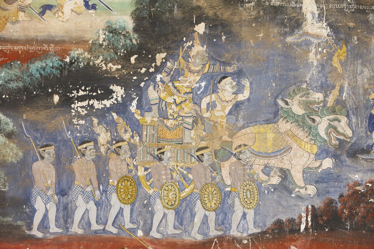 西尔弗塔 这幅壁画描绘了《罗摩克》的场景，《罗摩克》是印度教经典诗歌《罗摩衍那》的柬埔寨版本，柬埔寨金边。 作者 不明