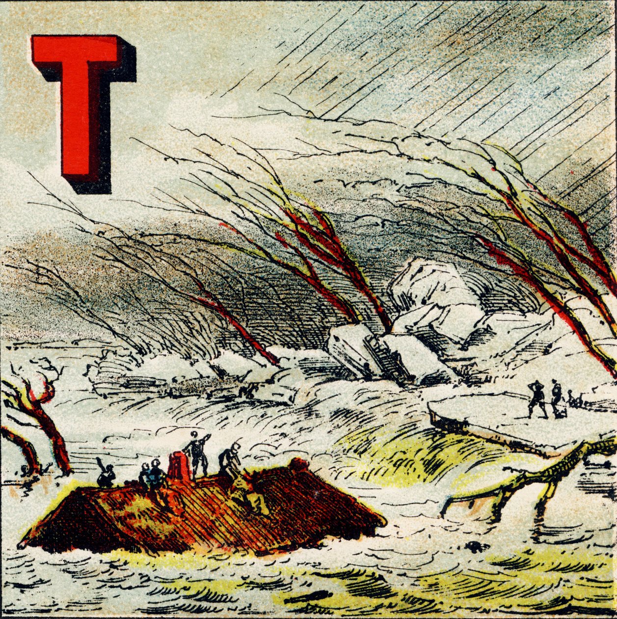 T：洪流。 它是由地面的大坡度产生的非常快的水流 - 从 Alphabet geographique 中提取的雕刻。 Guerin-Muller et Cie，编辑，巴黎 作者 不明
