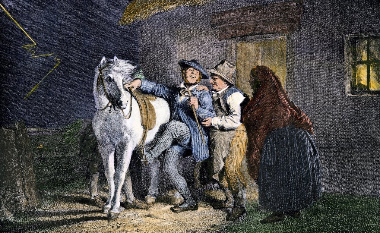 塔姆-奥山特骑马。苏格兰诗人罗伯特-伯恩斯（1759-1796 年）的诗歌插图。根据约翰-费德的一幅画作绘制的 19 世纪彩色版画 作者 未知艺术家