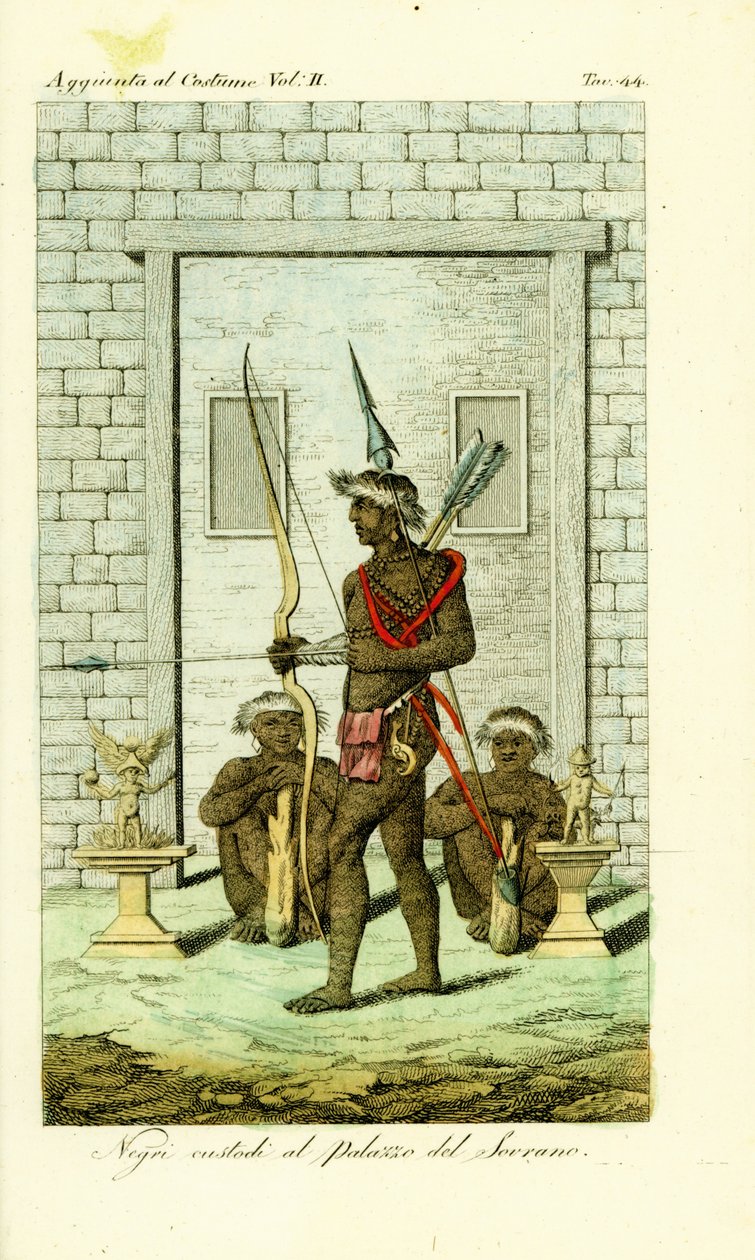 Tattooed or scarified guards at the door to the Queen