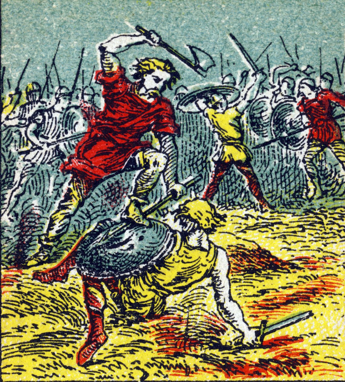 507年克洛维一世击败西哥特人的武耶之战。法国历史》中的雕版画。代表Louit出版的系列广告图片，24 rue d