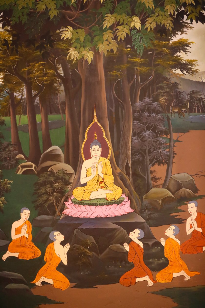 佛陀第一次向五位和尚说法，壁画，Wat Botum 寺，金边，2022 年（照片） 作者 未知艺术家