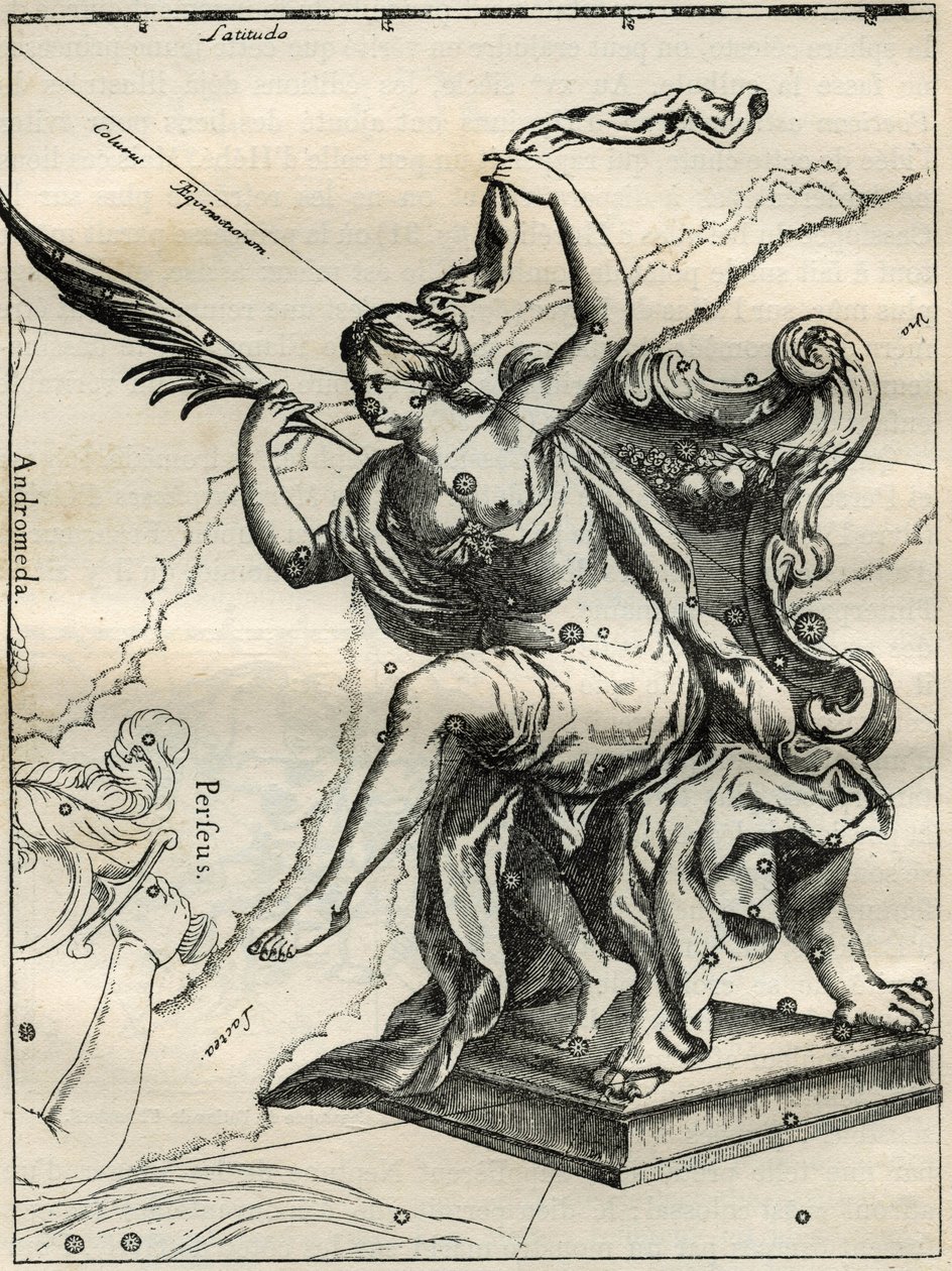 赫维利乌斯的《地图集》（1690年）中的卡西奥皮。埃塞俄比亚国王Cephee的妻子Cassiopee，坐在一张装饰有棕榈树的扶手椅上。卡米耶-弗拉马利翁的《天空中的星星和其他奇观》中的雕刻 作者 不明