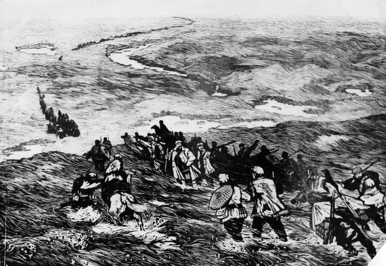 The Chinese Red Army passes through the marsh land.