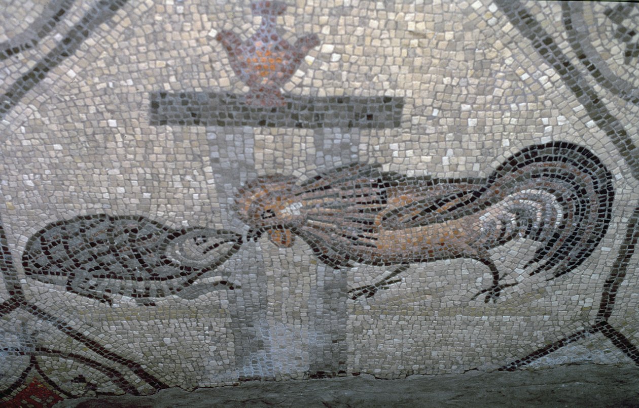 The Cock and the Tortoise, detail from a decorative pavement depicting Christian images and pagan symbols, c.313 AD (mosaic) 作者 不明