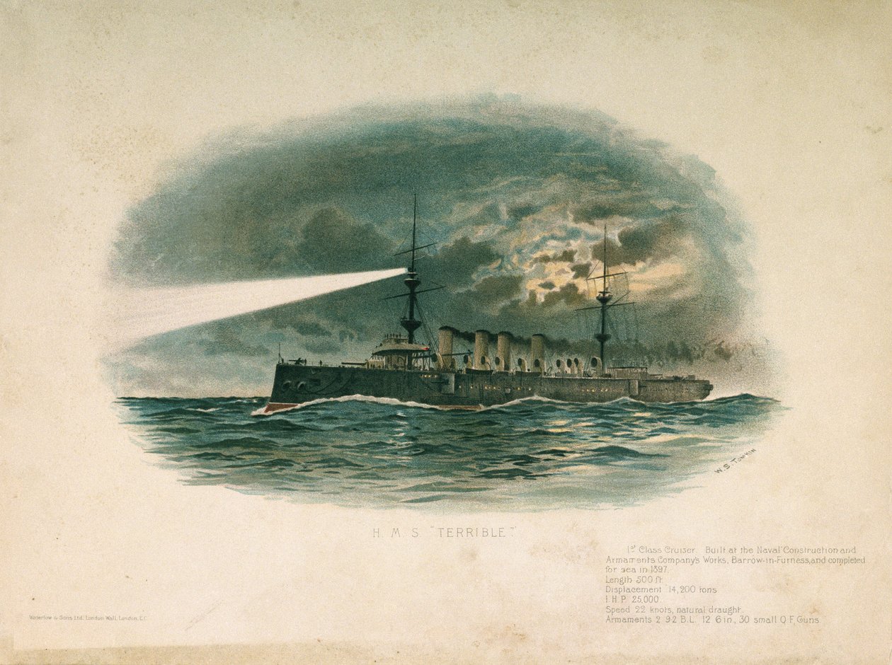 英国皇家海军 "恐怖 "号巡洋舰，一级巡洋舰，1897 年由弗内斯的巴罗造船和武器公司建造。19 世纪末，W.S. Tomkin（？） 作者 未知艺术家