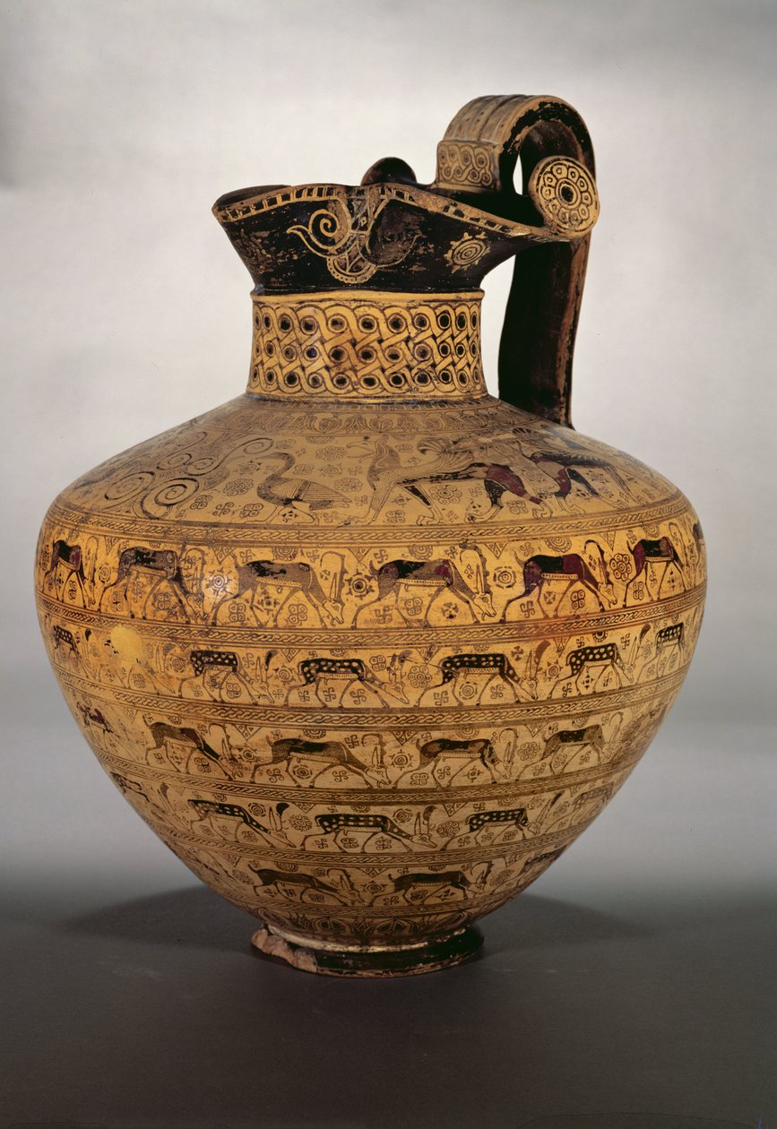 “Levy Oinochoe”，一个东希腊东方花瓶，装饰着一排排神话般的动物和野山羊，野山羊风格，公元前 650 年（陶器） 作者 不明