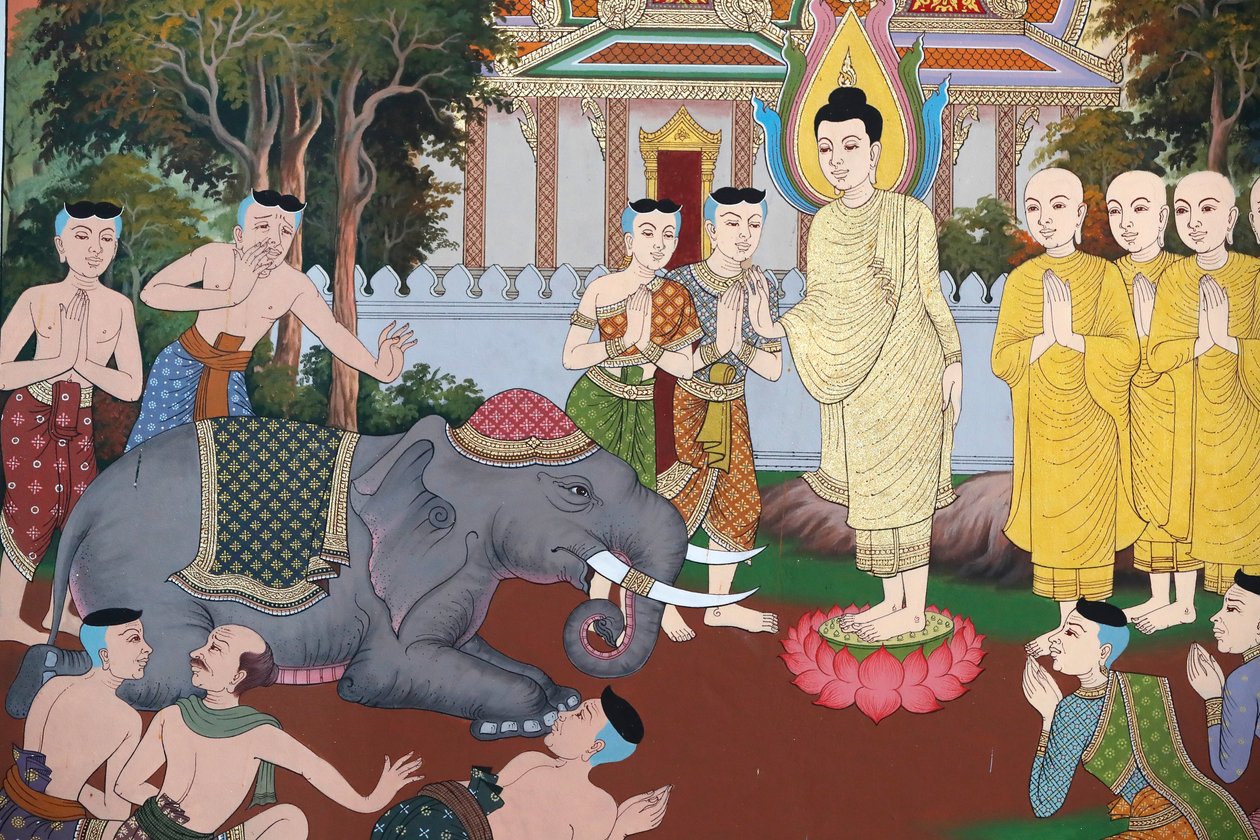 佛陀的一生，被仁爱驯服的野象，壁画，马尼拉塔纳拉姆寺，金边，2022 年（照片） 作者 未知艺术家