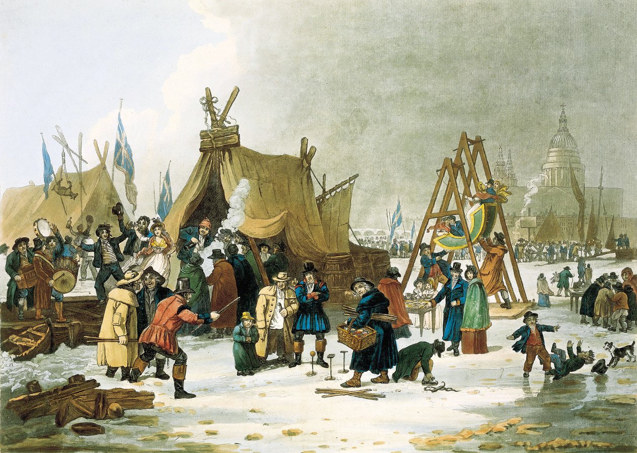 1813-1814 年冬天，泰晤士河结冰，在 1831 年拆除旧伦敦桥之前，泰晤士河在非常寒冷的冬天结冰，伦敦人趁此机会为孩子们设立了游乐场，简易的溜冰场，并设立了十个冰场。 作者 未知艺术家