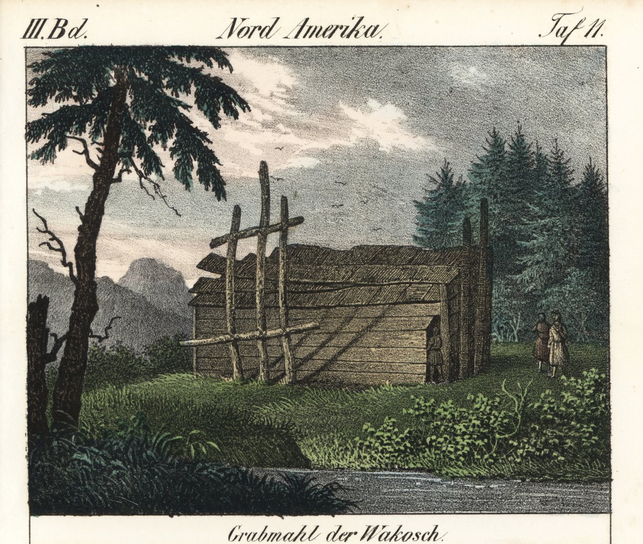 若山印第安人的木墓（加拿大）。为书籍平版印刷：Friedrich Wilhelm Goedsche（1785-1863 年）著，迈森版（德国）"Galerie complete en tableaux fideles des peuples d