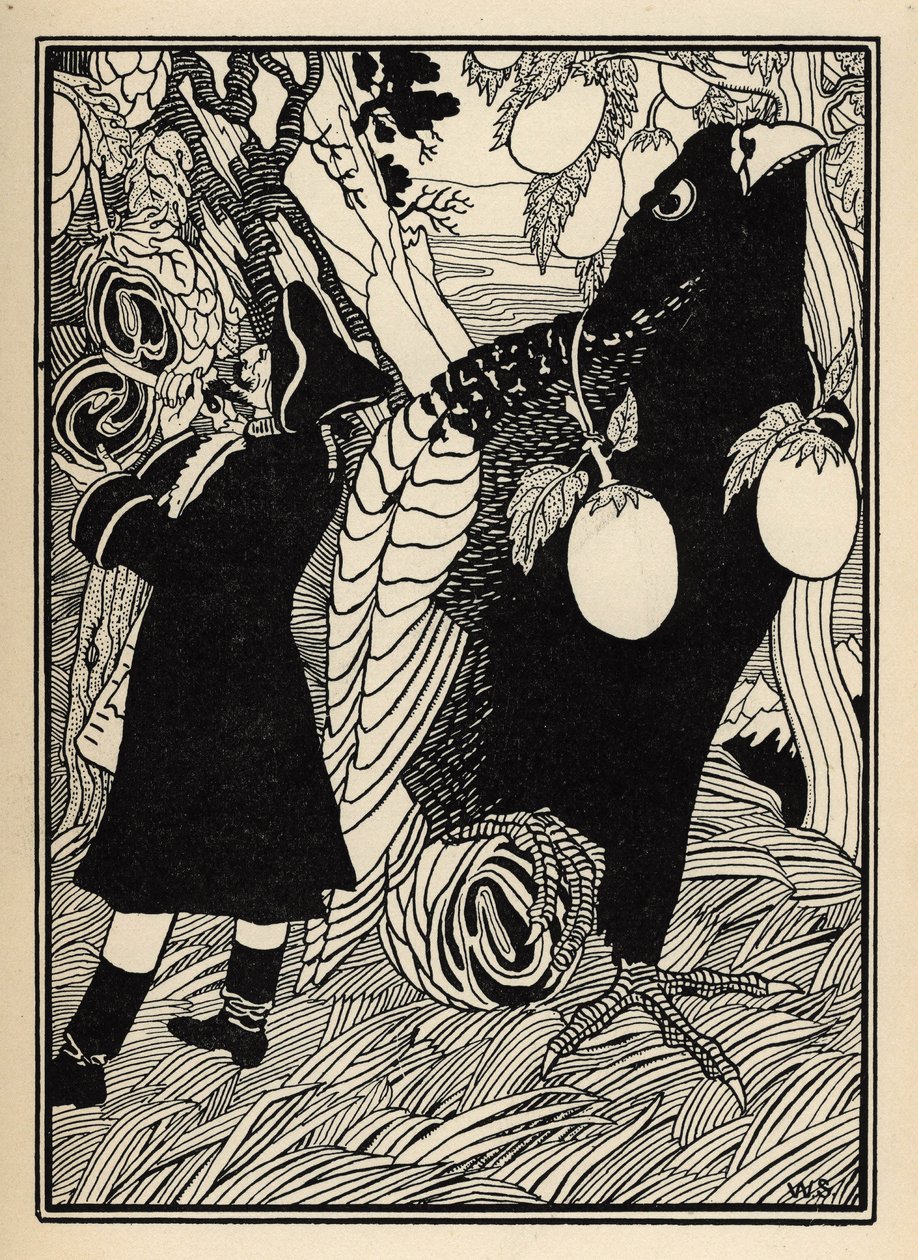 男爵在美国发现了大鸟和树上的腐肉。威廉-斯特朗（William Strang，1859-1921 年）和 JB-克拉克的插图，选自鲁道夫-埃里希-拉斯佩（Rudolf Erich Raspe，1736-1794 年）（1789 年）的《蒙乔生男爵历险记》。 作者 未知艺术家