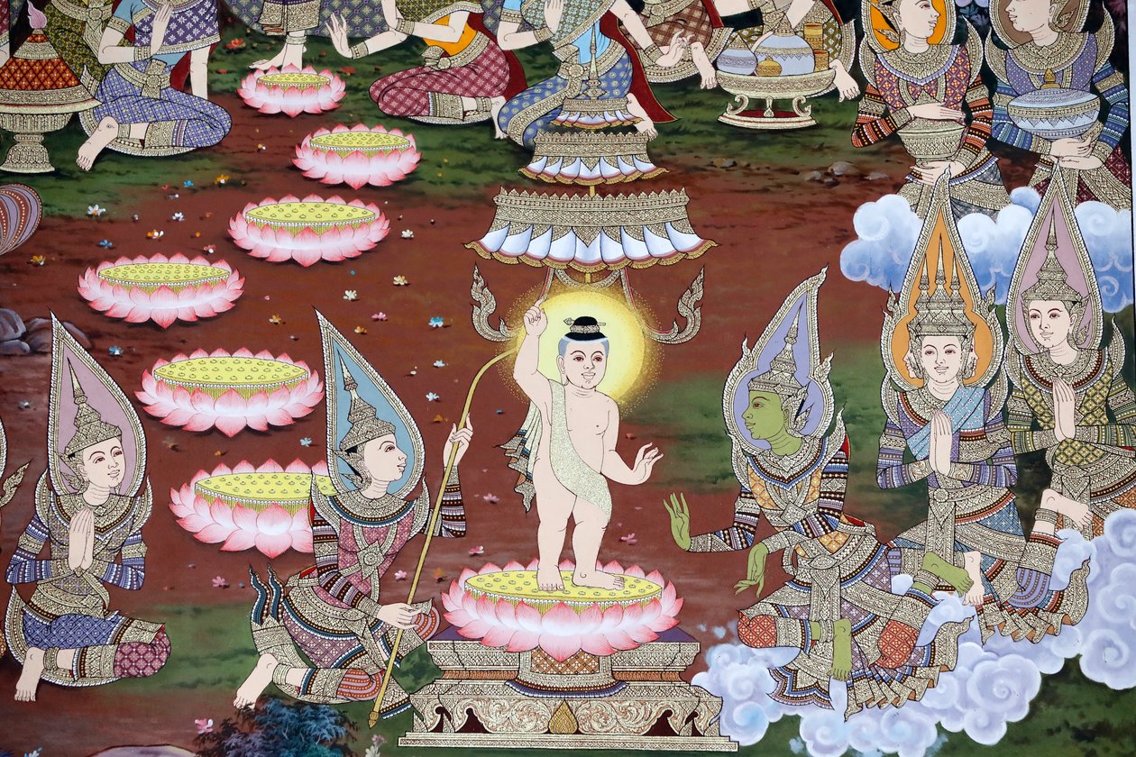 婴儿悉达多的诞生，壁画，马尼拉塔纳拉姆寺，金边，2022 年（照片） 作者 未知艺术家