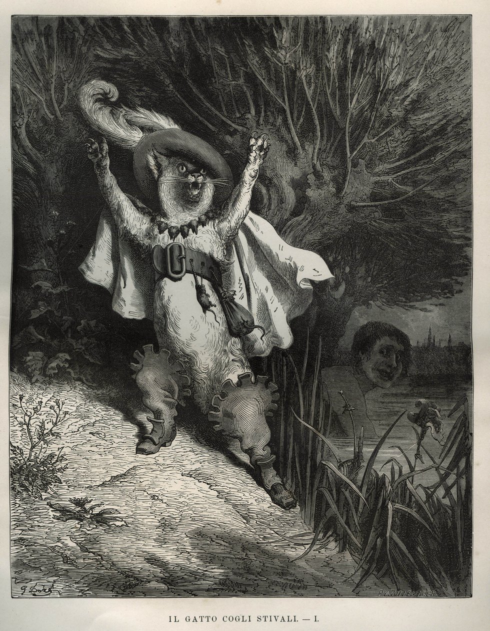 靴猫在呼救。古斯塔夫-多尔（Gustave Dore，1832-1883）根据查尔斯-佩罗（Charles Perrault，1628-1703）的 "Les contes "绘制的版画。 作者 不明