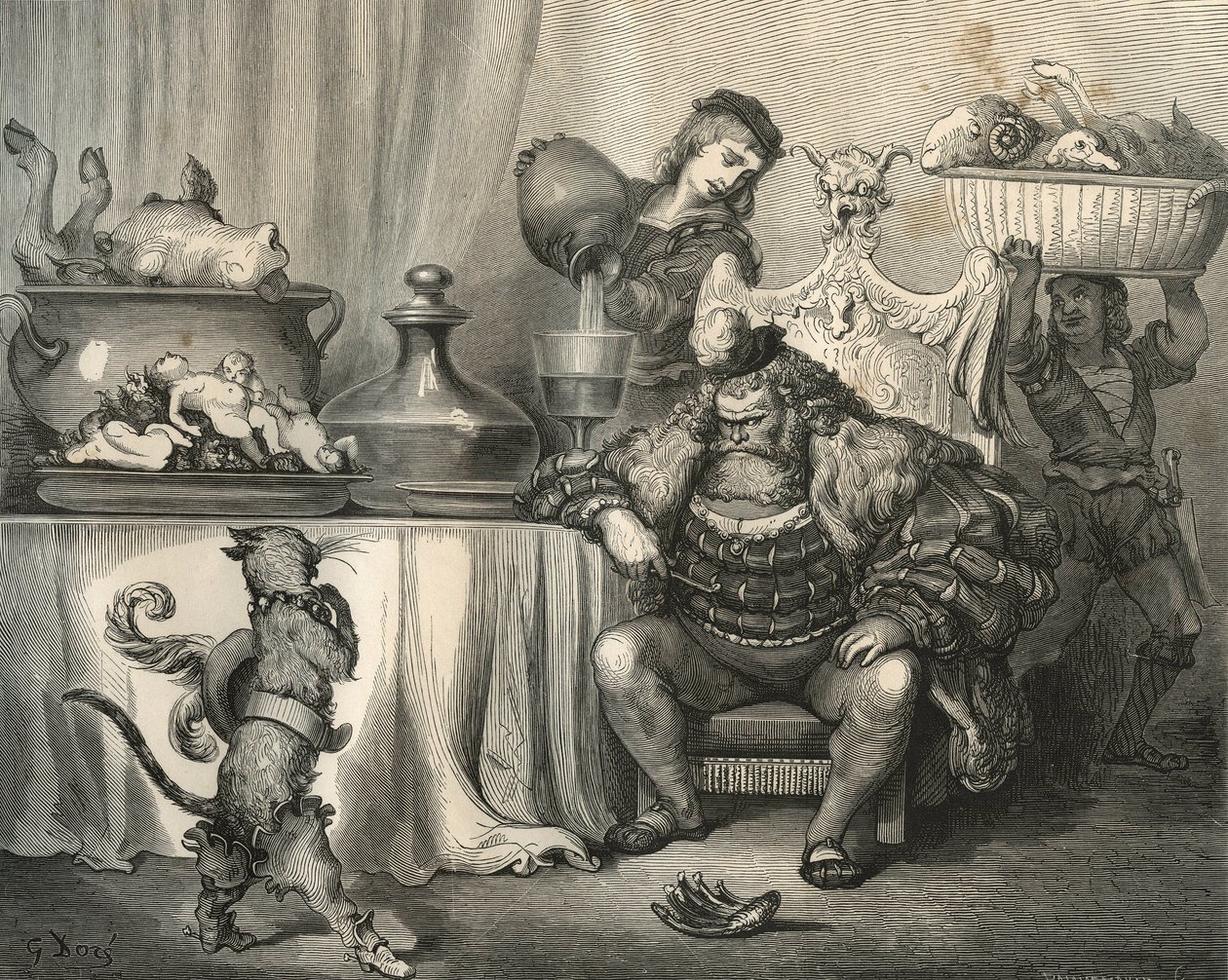 靴猫遇到食人魔。古斯塔夫-多尔（Gustave Dore，1832-1883）的版画，出自查尔斯-佩罗（Charles Perrault，1628-1703）的《Les contes》。 作者 不明