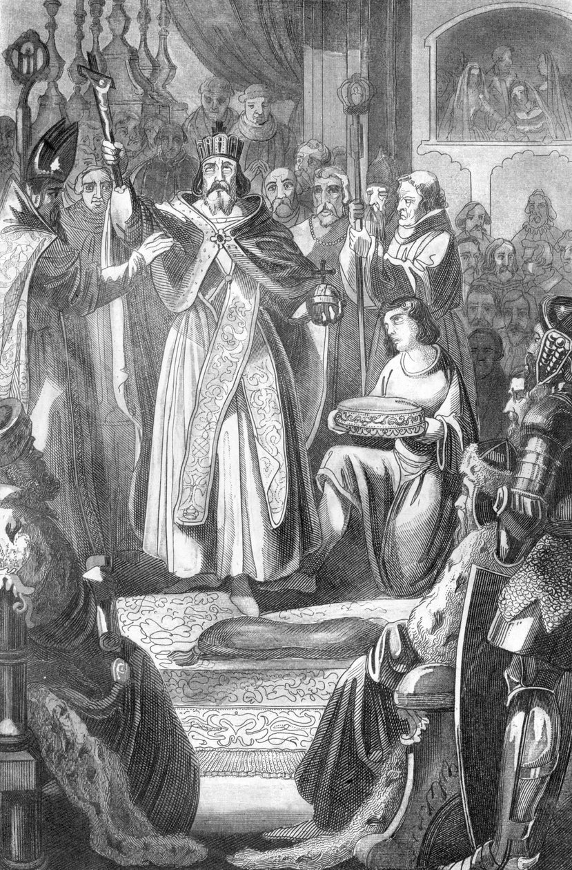 哈布斯堡的鲁道夫一世（1218-1291 年）于 1273 年 10 月 24 日在德国亚琛大教堂加冕为罗马人的国王（1273 年 10 月 24 日在亚琛大教堂加冕为德国的鲁道夫一世）。 作者 未知艺术家