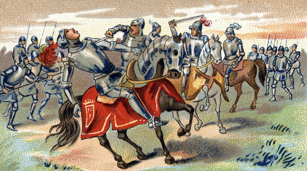 约翰·塔尔博特 (John Talbot) 在卡斯蒂永战役 (1453 年) 中阵亡，十九世纪末（彩色平版印刷） 作者 未知艺术家