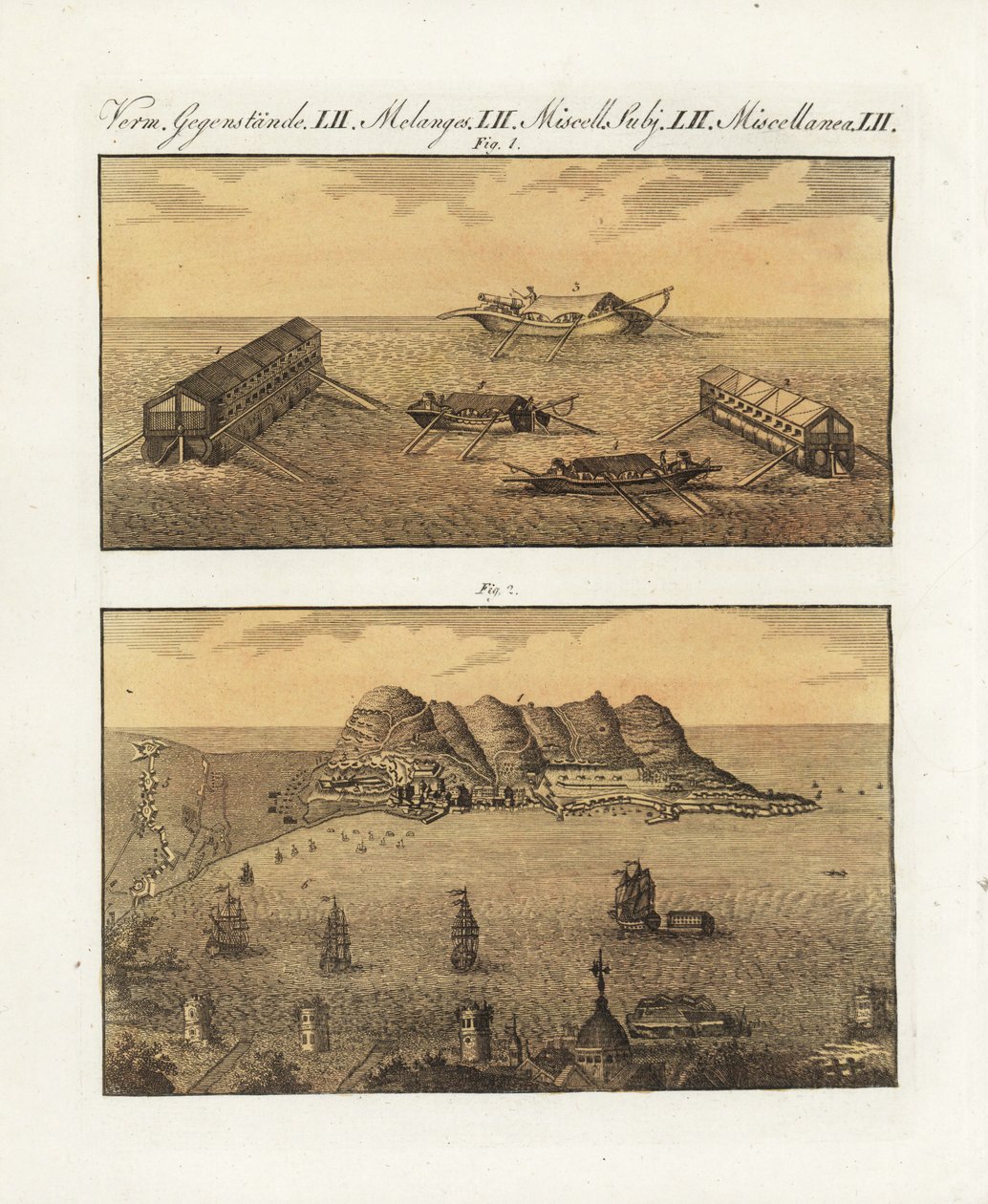1782 年直布罗陀英军的浮动炮台。法国工程师阿贡设计的一艘两层 210 门火炮的驳船和另一艘单层驳船，用于轰炸城市。直布罗陀的英国海军浮动炮台 作者 未知艺术家