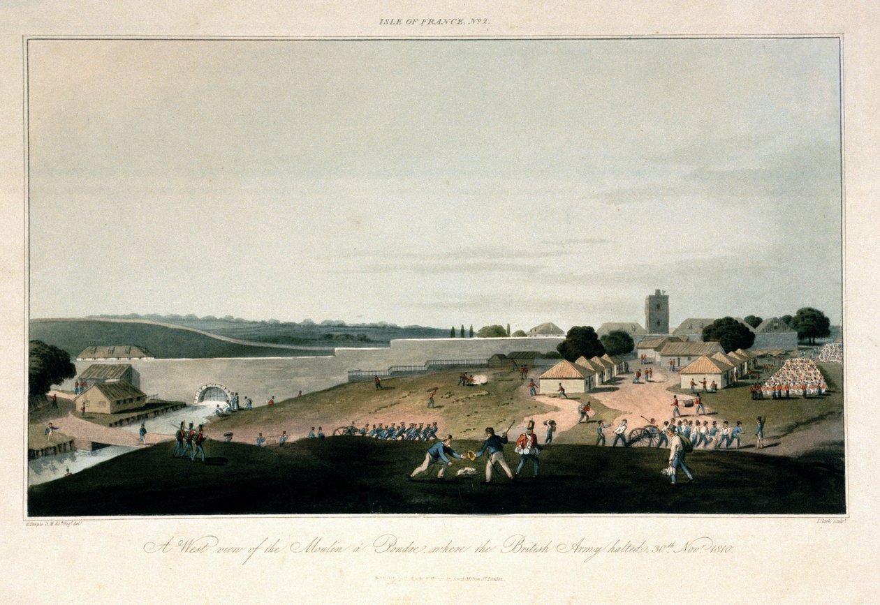 法兰西岛（毛里求斯），Pondre 磨坊西景，1810 年 11 月 30 日英军仍驻扎在此。彩色蚀刻版画 作者 未知艺术家