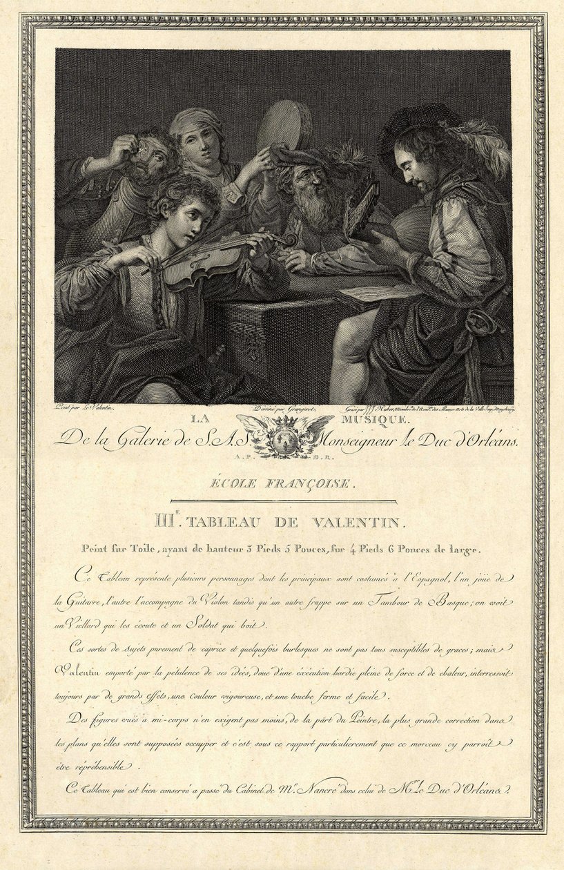 音乐奥尔良公爵阁下画廊的雕刻，取材于画家勒-瓦伦丁（Le Valentin）的一幅画。 作者 未知艺术家