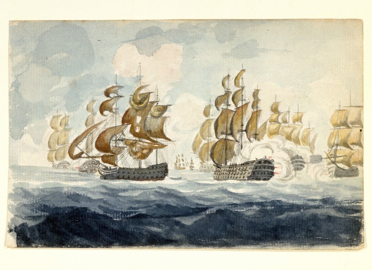 布里奇波特子爵亚历山大-胡德（Alexander Hood，1726-1814 年）在 Île de Groix 海战（1795 年）期间在法国洛里昂海岸的海军演习。水彩画 作者 未知艺术家