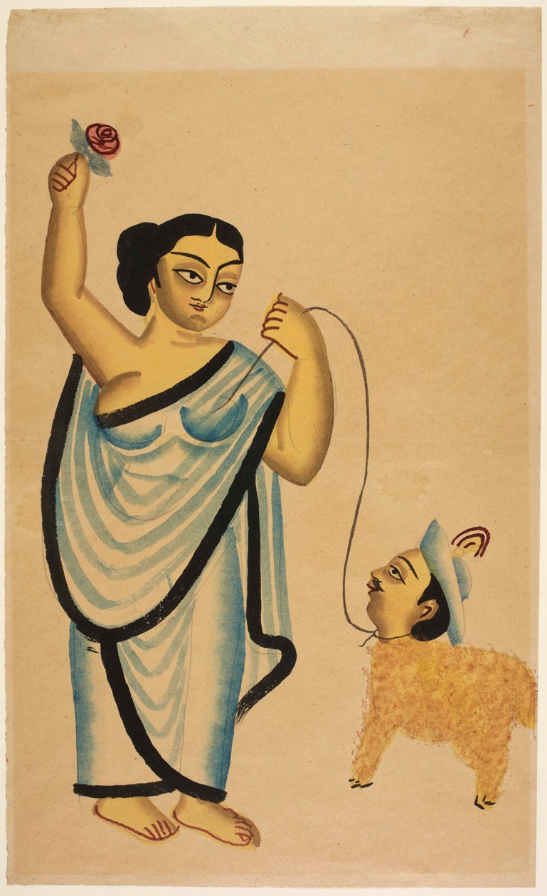 爱羊人：一个宫女右手拿着一朵玫瑰，牵着一只人头羊，约 1865 年（纸本水墨彩色画） 作者 未知艺术家