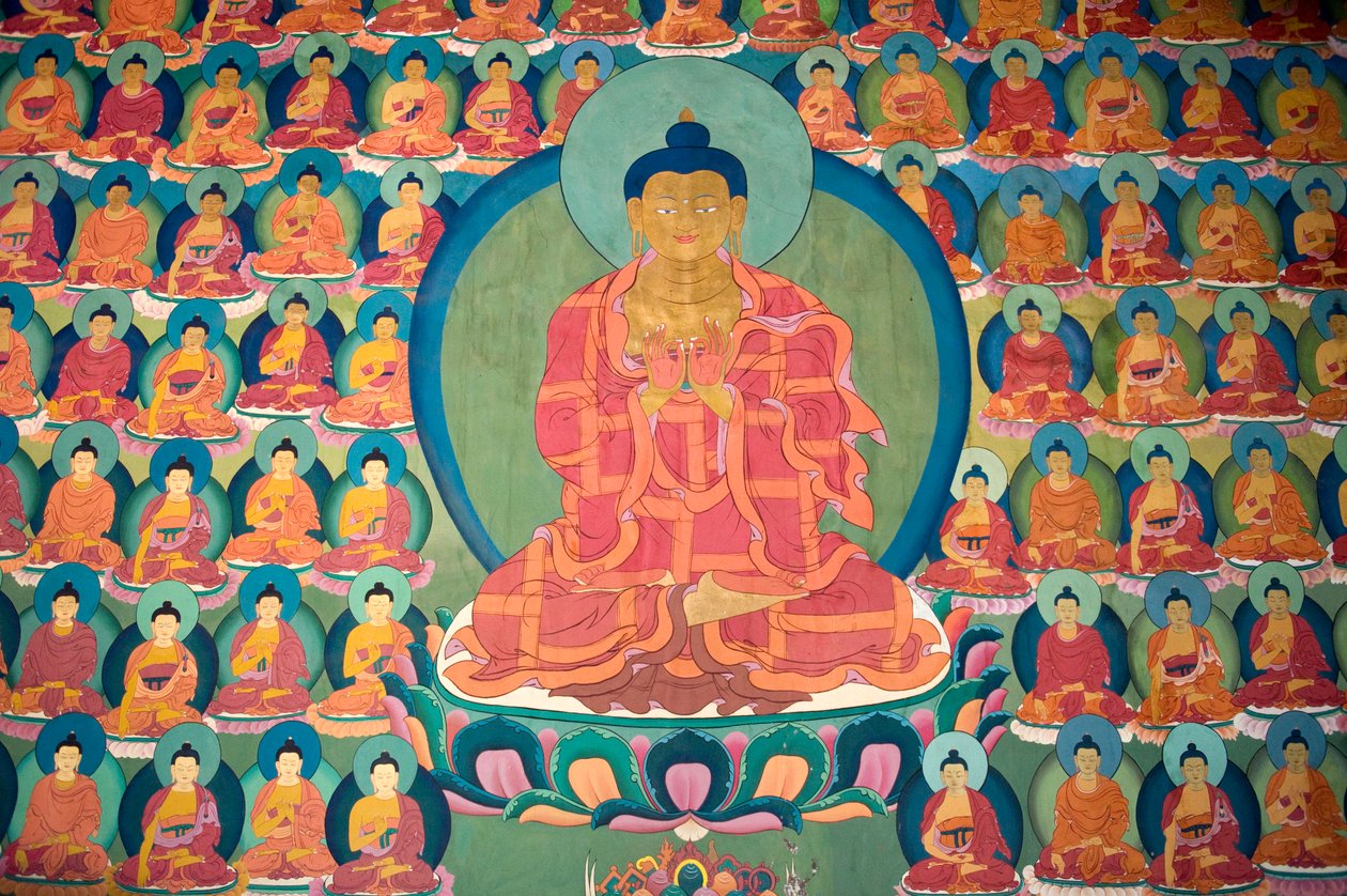 藏传佛教； 壁画； 打坐佛； 许多小佛； Chemre Gompa 修道院； 切雷； 拉达克地区； 查谟和克什米尔； 印度; 南亚; 亚洲 作者 不明
