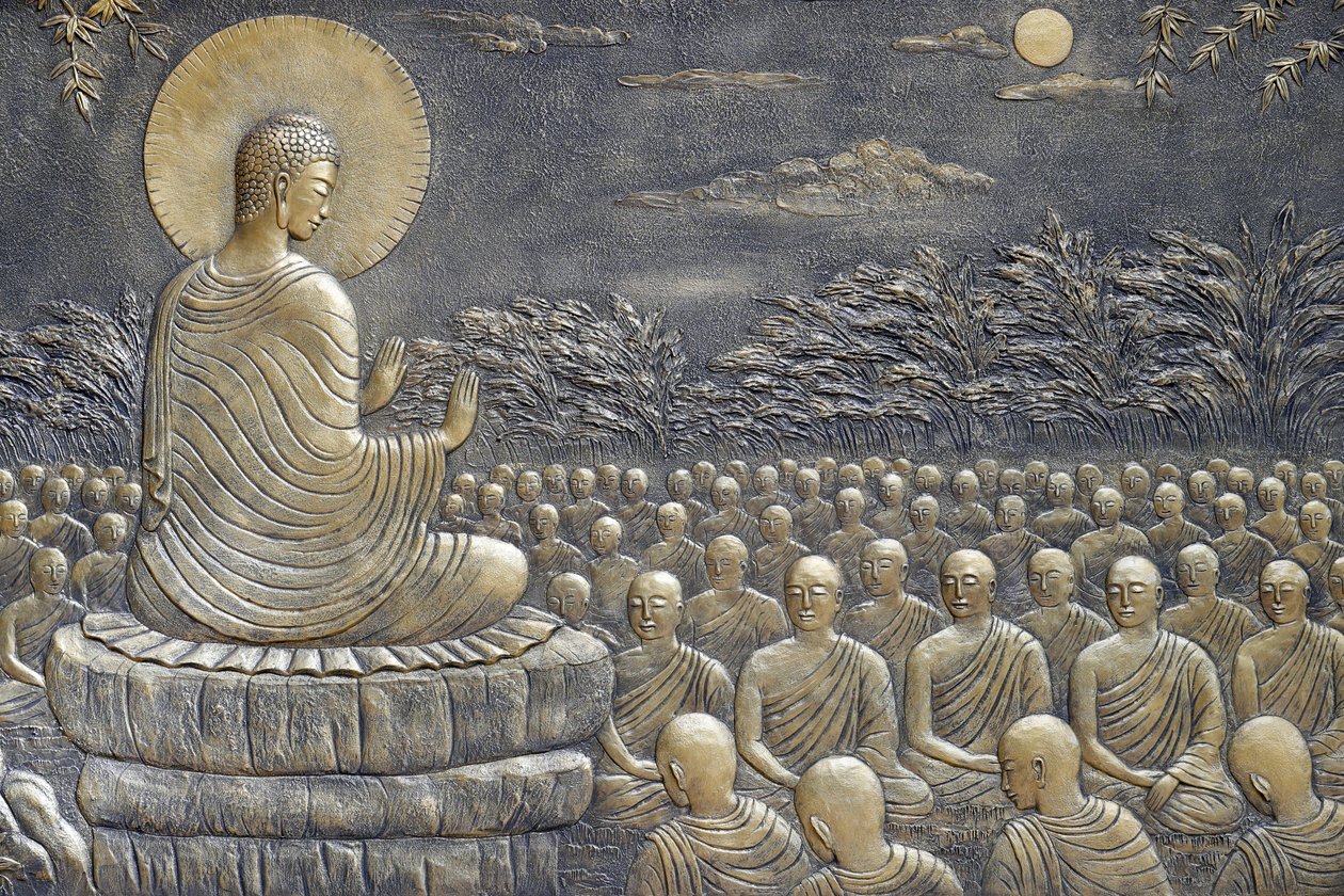 Tinh Xa Ngoc Chau佛寺, 佛陀的生活, 释迦牟尼佛, 佛陀与弟子, 教学, 佛陀劝说他的第一批60名阿罗汉弟子到不同的方向去宣扬教义, Chau Doc, 越南, 2018 (pho 作者 不明