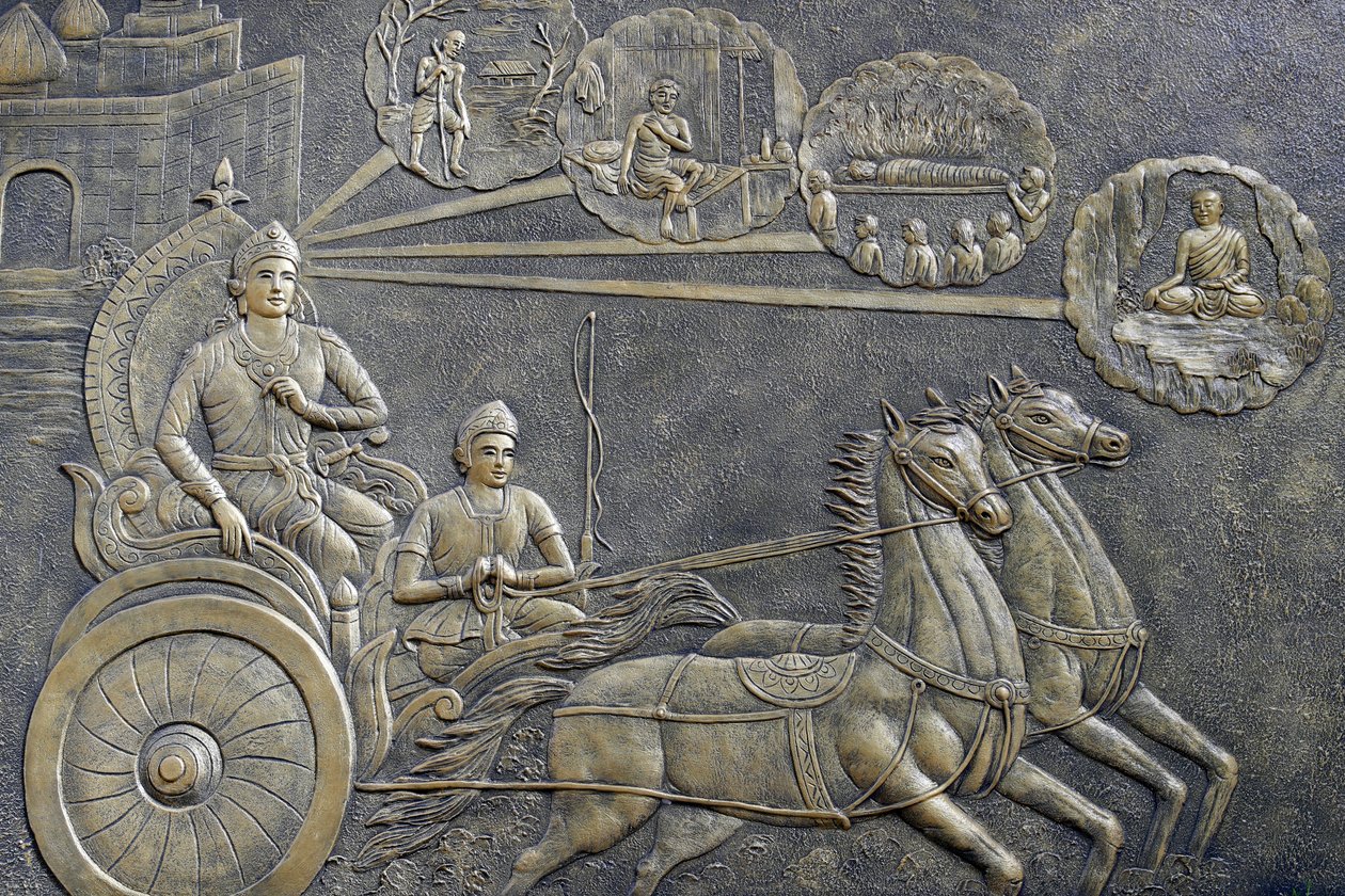 Tinh Xa Ngoc Chau佛寺，《佛陀的生活》，释迦牟尼佛，释迦牟尼王子要求战车夫带他在乡间进行一系列的骑行，越南Chau Doc，2018年（照片）。 作者 不明
