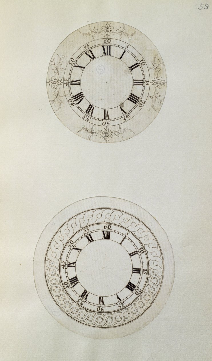 两种大型珐琅表盘设计，来自约翰哈里森（1693-1776 年）和他的儿子威廉（c.1726-72 年）编制的机械笔记和图纸（纸上笔墨） 作者 不明