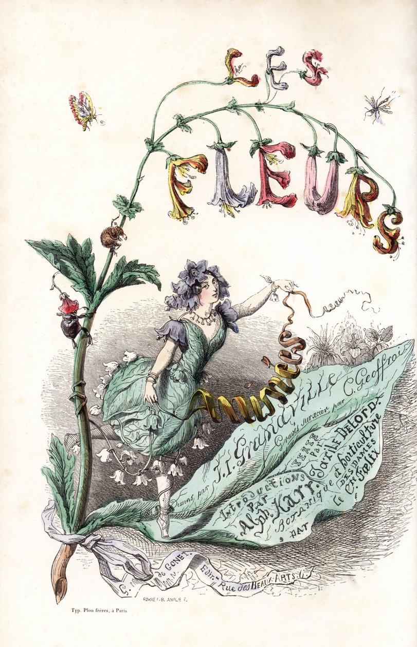 Une fee des fleurs setient sur une feuille et holds un ruban（扉页）--Charles Geoffroy（1819-1882 年）根据 Jean Ignace Isidore Gerard dit J.J.J.Granville（1803-1847 年）为 Les fleurs animees 创作的插图绘制的蚀刻版画 作者 未知艺术家