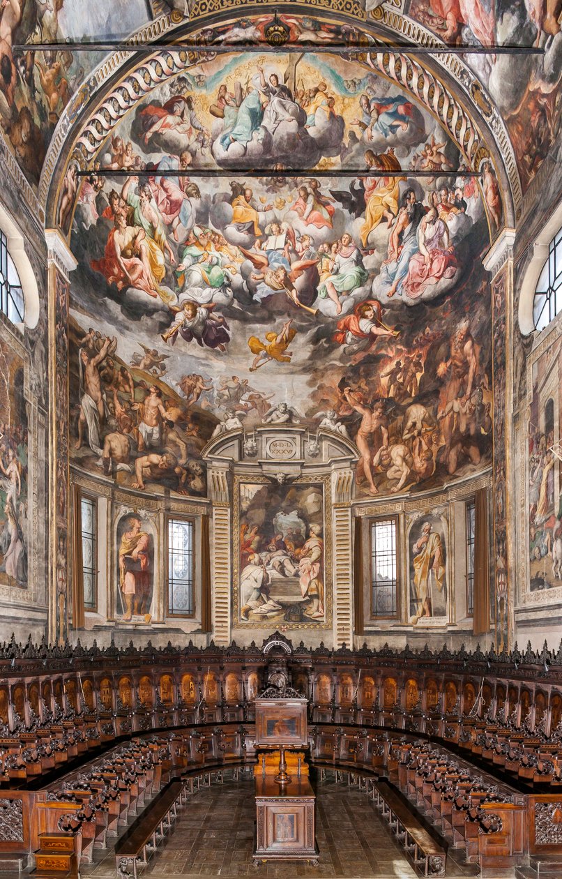 后殿的景观，有卡米洛·普罗卡西尼 (Camillo Procaccini) 的壁画和克里斯托福罗 (Cristoforo) 和朱塞佩·德·韦内蒂斯 (Giuseppe De Venetiis) 的木制唱诗班，圣普罗斯佩罗大教堂，雷焦艾米利亚，艾米利亚罗马涅，意大利（照片） 作者 未知艺术家