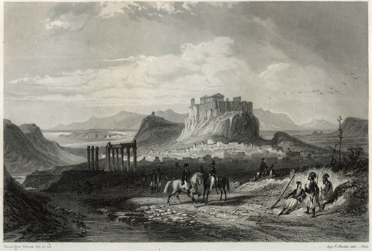 法国记者和旅行家路易斯·埃诺 (Louis Enault)（1824-1900 年）在关于地中海的书中描绘了 19 世纪由雅典卫城主导的雅典市。 作者 不明