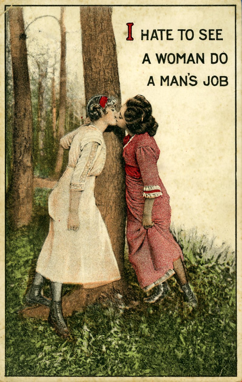 复古明信片，展示两名女子接吻，"我讨厌看到女人做男人的工作"，1914 年（石版印刷品） 作者 未知艺术家