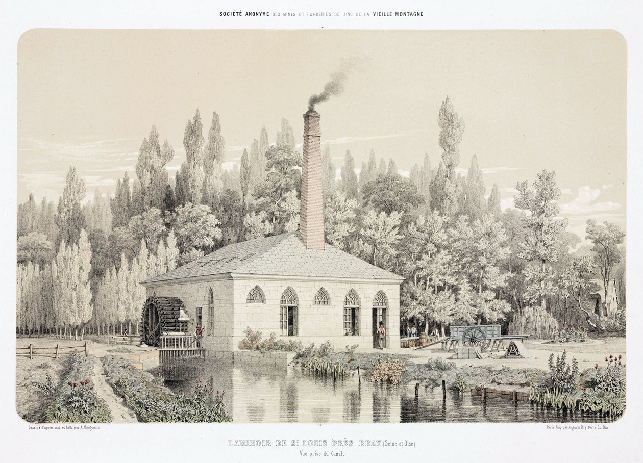 水力，1900年以前的锌轧机（Laminoir），法国布雷附近的圣路易斯。 作者 不明