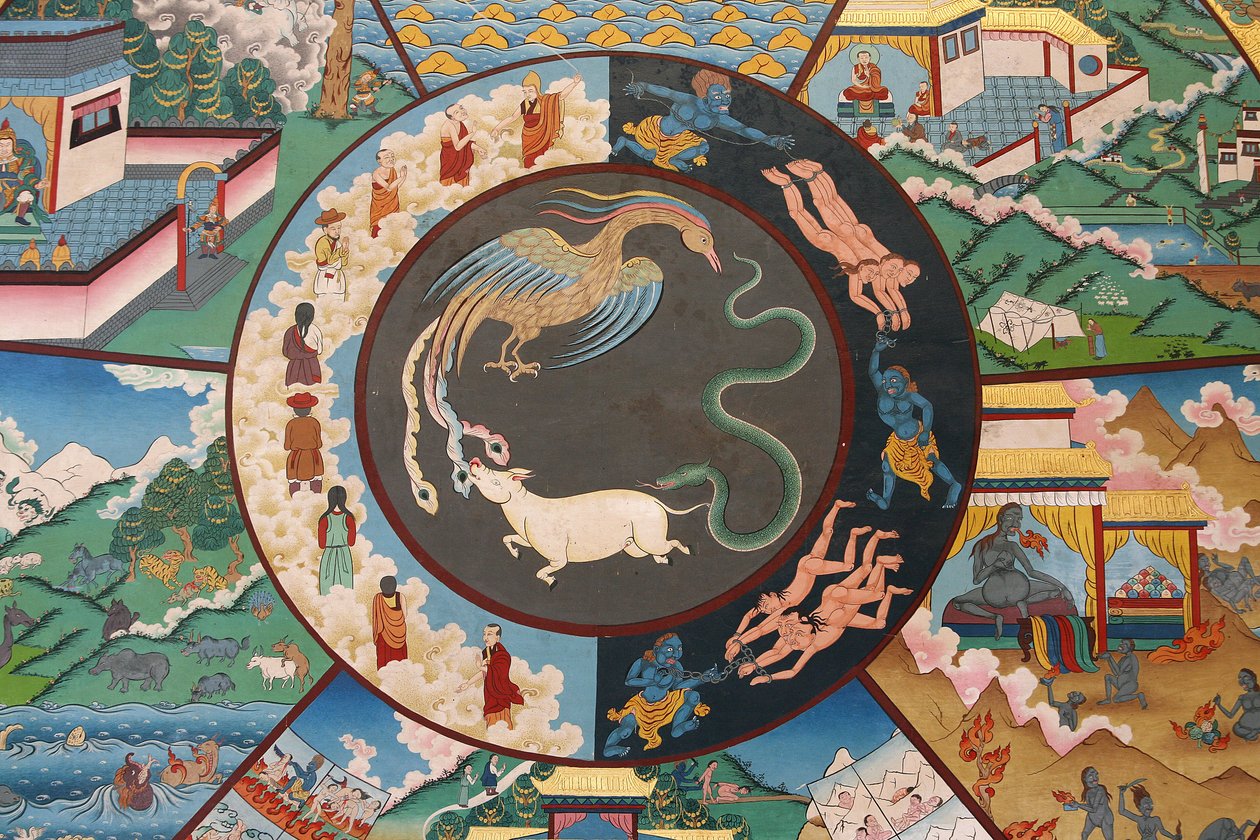 生命之轮或Samsara之轮（曼陀罗）：公鸡、蛇和猪。尼泊尔加德满都，科班寺院 作者 不明