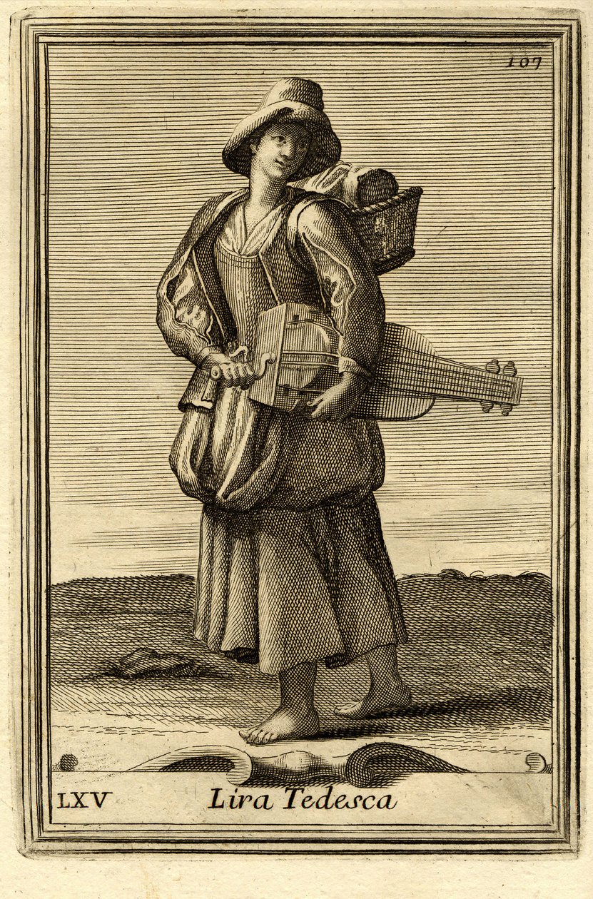 玩旧轮子（或称 "Lira tedesca "或 "ghironda"）的妇女。在菲利波-博纳尼的 "Gabinetto Armonico "中，罗马 作者 未知艺术家