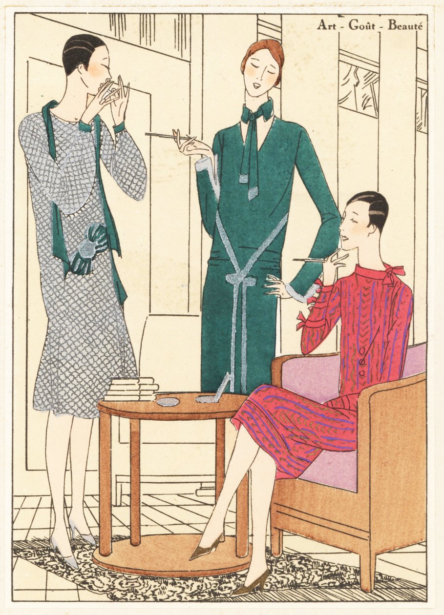 身着晚礼服、金色刀片和绿色天鹅绒、绿色羊毛午后礼服以及金色和红色刀片午后礼服的女性在别致的室内吸烟 作者 未知艺术家