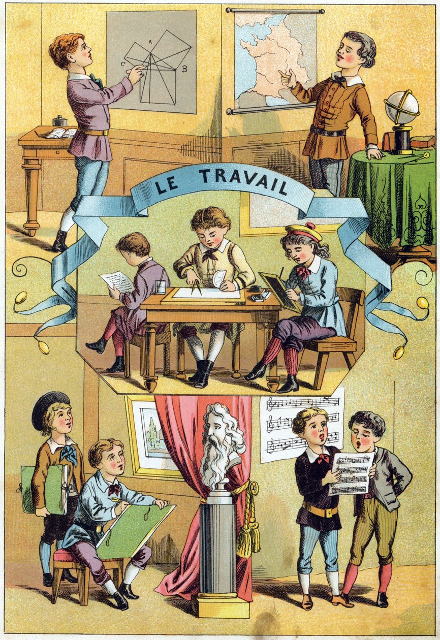 在课堂上工作。 雕刻在“Alphabet des petits ecoliers”上。Epinal 的成像，大约 1885 年。Privee 收藏 作者 不明