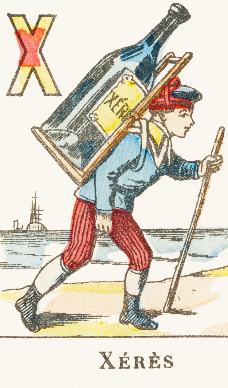 X : Xeres，一个男孩背着一大瓶酒 - Games Alphabet，c.1890（雕刻） 作者 不明
