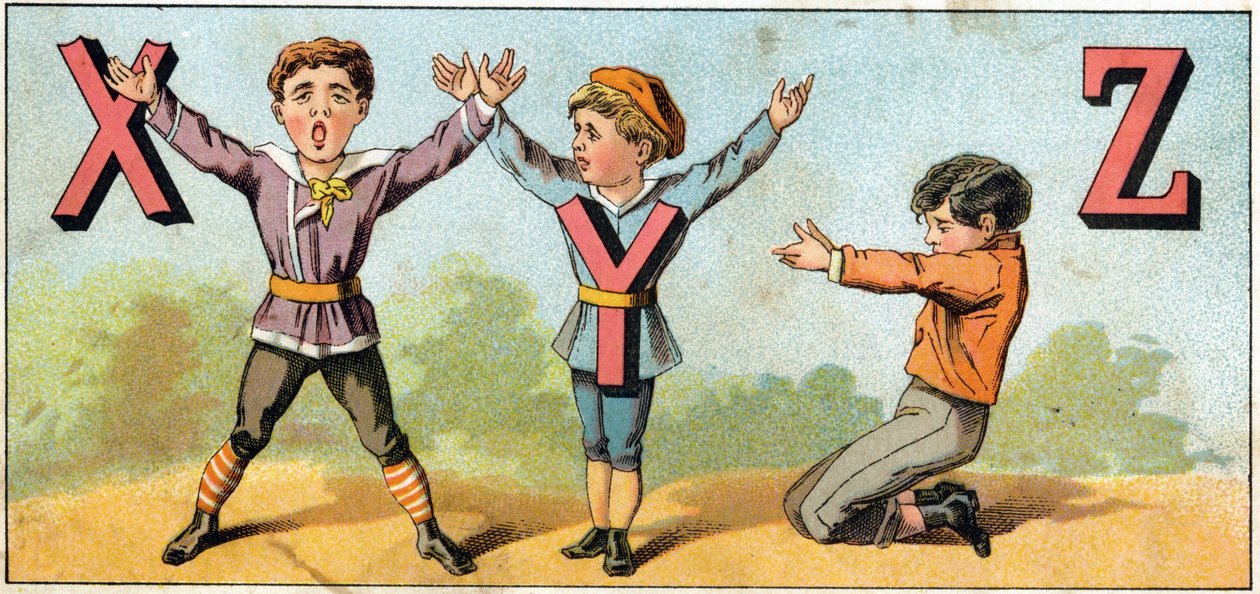 模仿身体姿势的 X Y 和 Z 字母。 雕刻在“Alphabet des petits ecoliers”上。Epinal 的成像，大约 1885 年。Privee 收藏 作者 不明