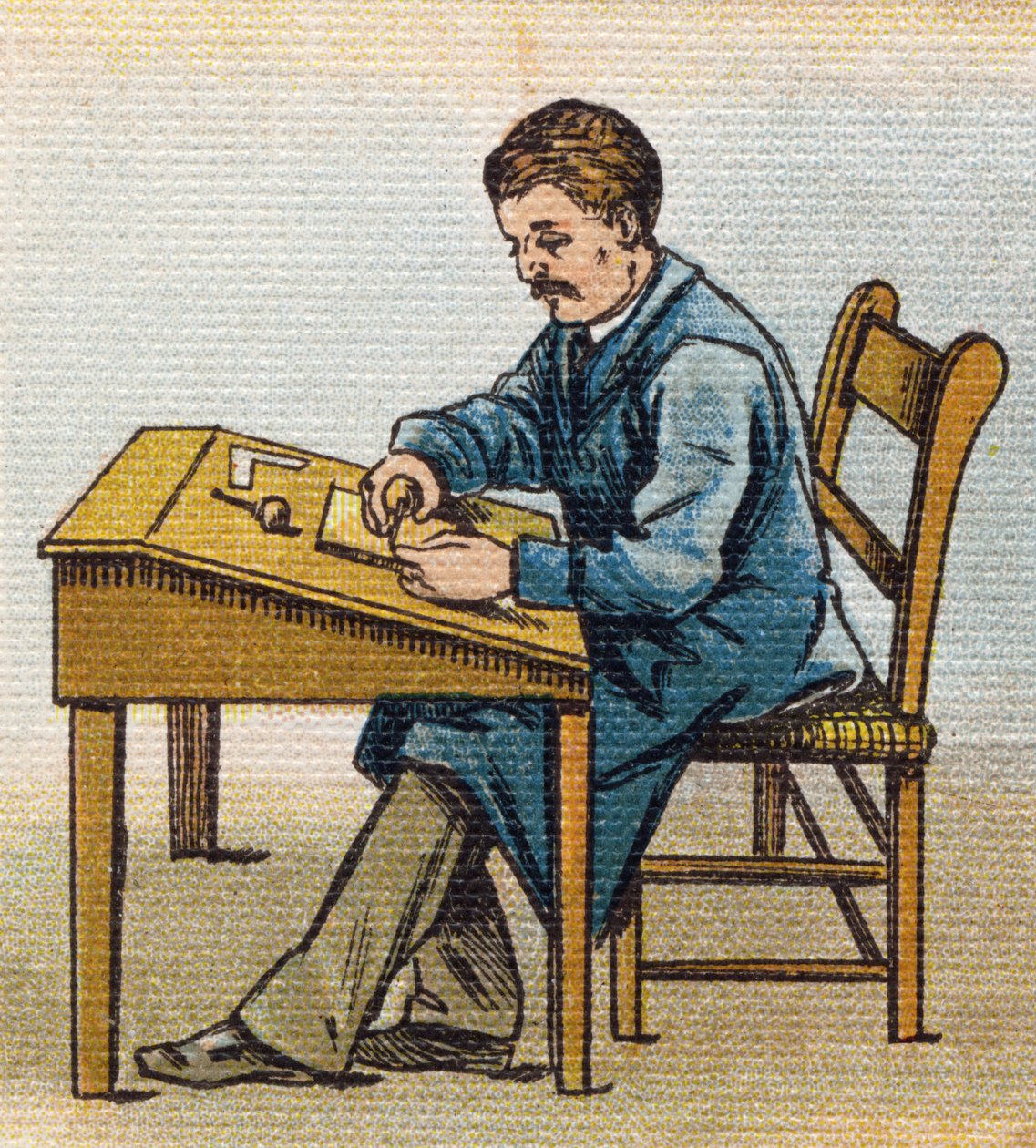 木匠在他的工作室。 雕刻“Alphabet de ma petite fille”。 Bernardin-Bechet 和 Fils，书商出版商，巴黎，约 1895 年。坚不可摧的画布专辑。 贝贝斯图书馆。 12 页。 包含阅读方法和说明的相册 作者 不明