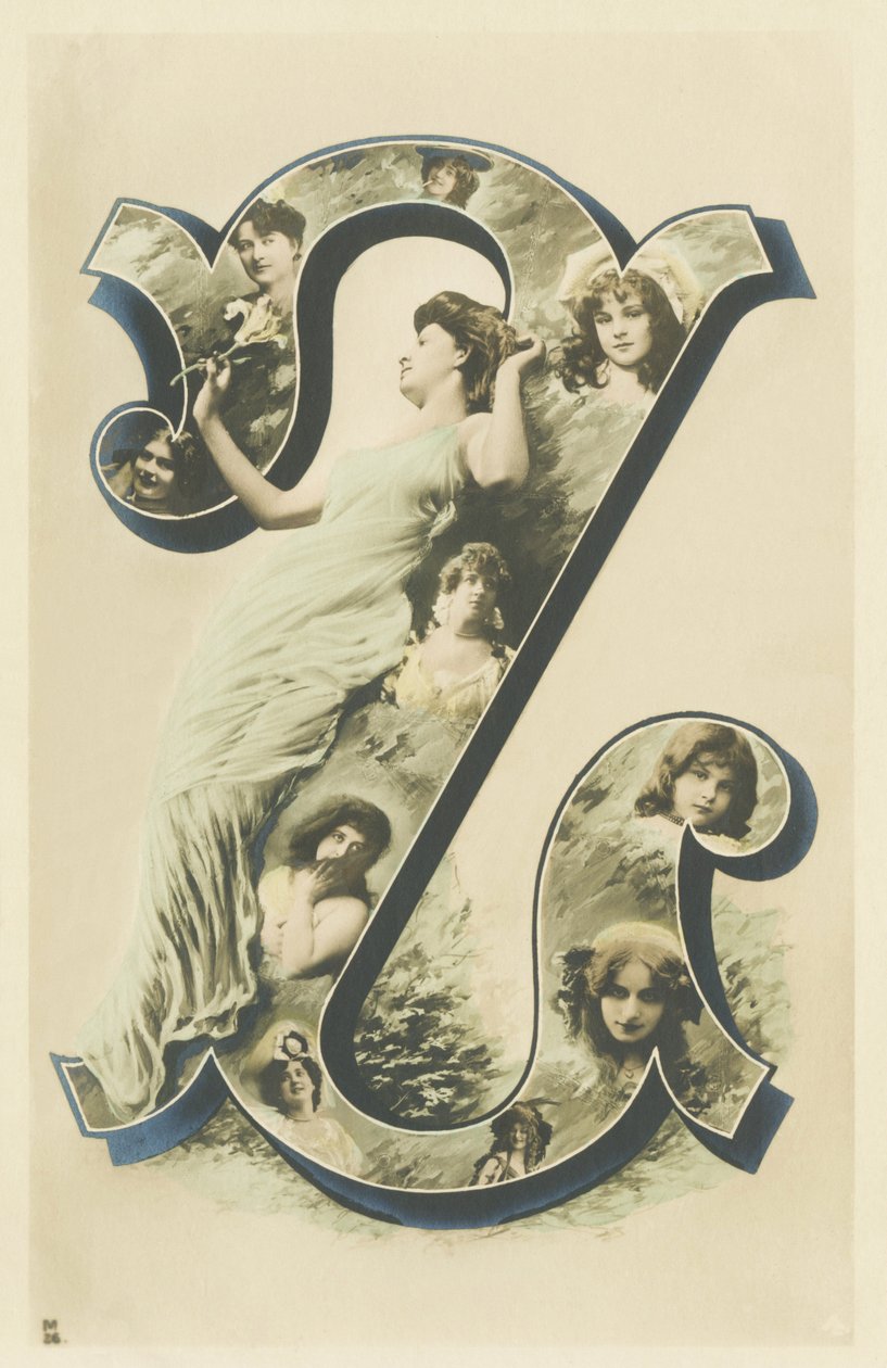 Z : photo-portrait de femme dans un long drape bleu, plusieurs bustes de femmes dans la lettre - Alphabet portraits de femmes. A. L. editeur 作者 不明